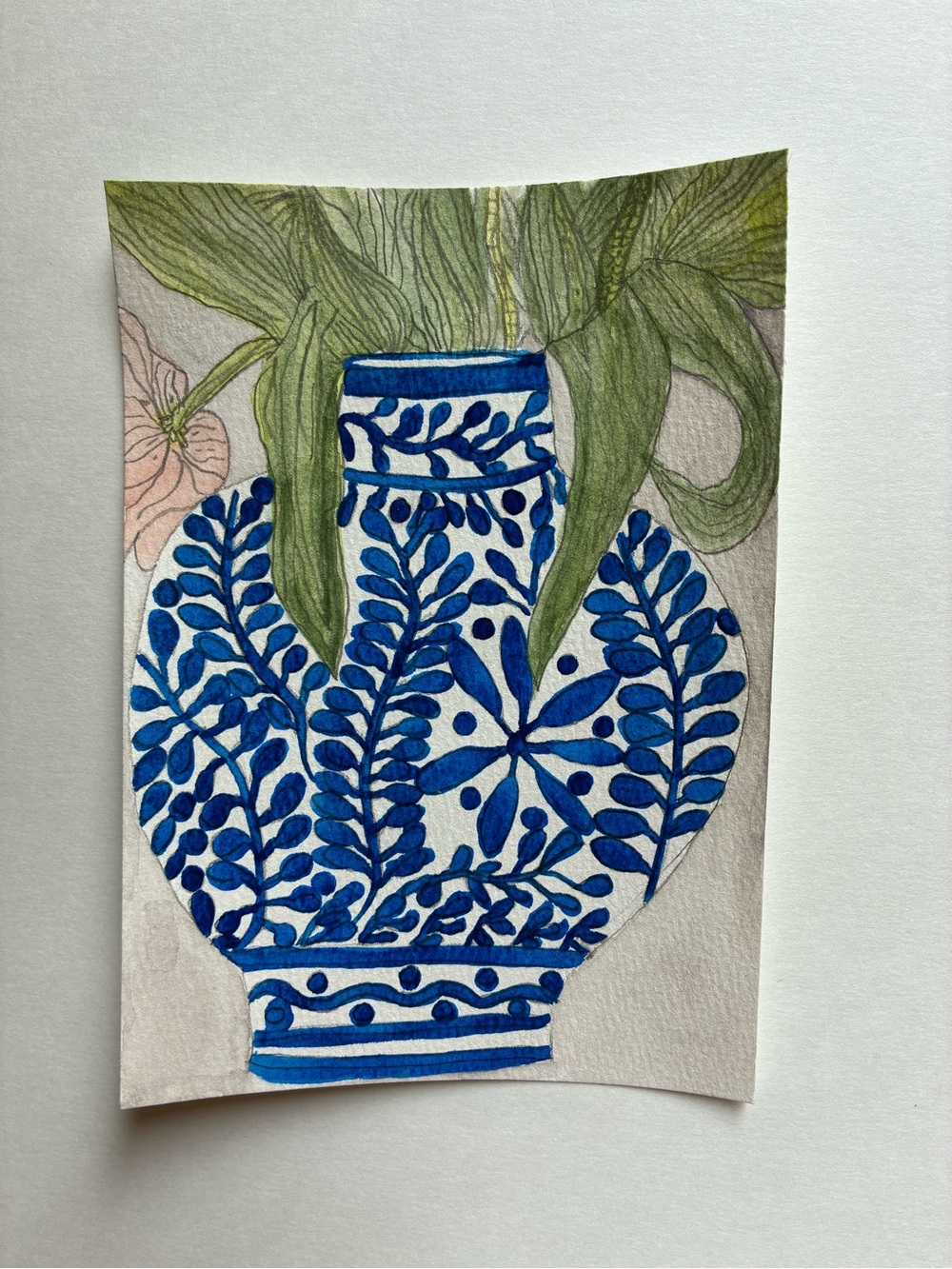 Blue Floral Ceramic Vase Watercolor Original Art